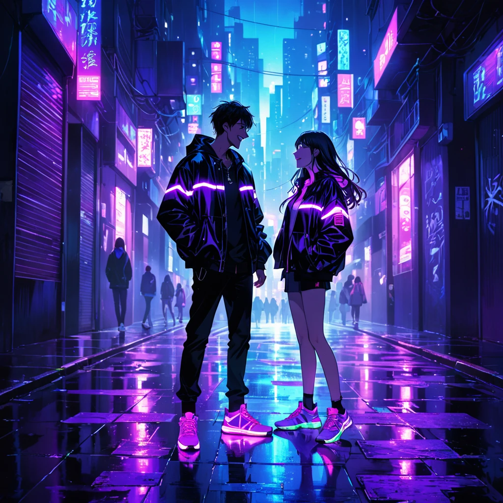 "An anime-style illustration of a man and a woman in darkness. The man is laughing, and both are dressed in street-style jackets and sneakers. Their outfits featurepurplefluorescent colors that make them visible in the dark. The woman's full body and the man's full body are clearly shown, with glowing purple accents on their jackets and sneakers to highlight them against the dark, urban background."dark,
High resolution, masterpiece, accurate, bestquality, High detail, high quality, Very detailed, dark,longhairVery detailed, Ultra high definition,