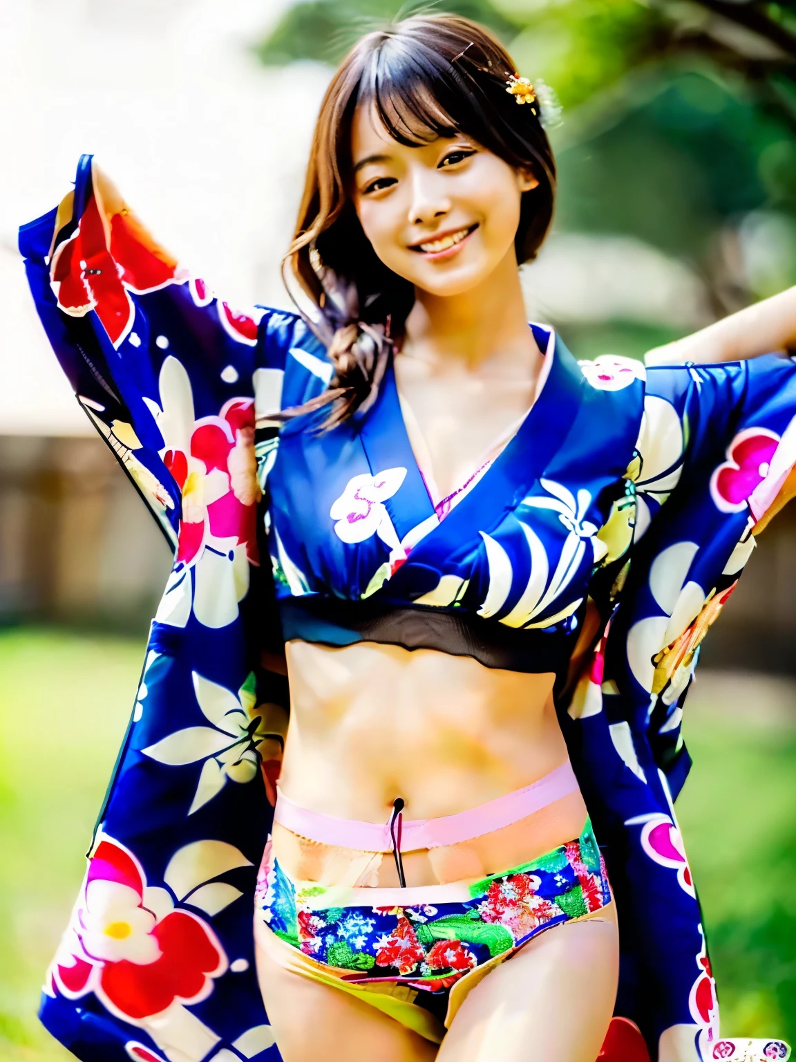 A 20-year-old woman with a cute face like a top Japanese idol、She is a yukata fashion model.、Looks very young、very friendly、Smiling Kindly、(kimono、yukata)、(((Colorful floral pattern(丈が短いkimono)))、(((kimonoめくり(kimonoの裾を上げる)))、(((Beautiful thighs(Sexy panties are in sight)))、Highest quality、masterpiece