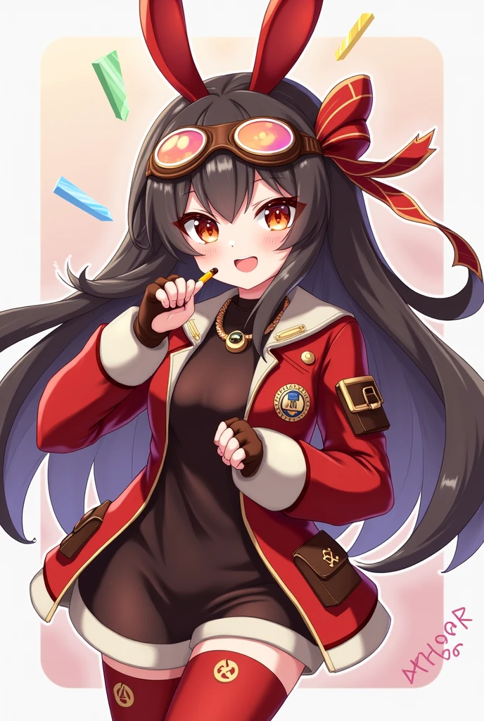 https://genshin-impact.fandom.com/wiki/Amber She have a dark brown hair and wears a red bow that is shaped like a bunny ears, brown pilot goggles, two small bags with leather belts, a red and brown glove, a Pyro sigil emblazoned on the red and orange ribbon, red jacket with long sleeves, a dark brown jumper outfit, and red stock on the white boots has symbols on it. She have a lesbian pin on her jacket. She syly smiles blushing. She have long dark brown hair! Lesbian pin on jacket. She have vhocolate pocky stick in mouth. 