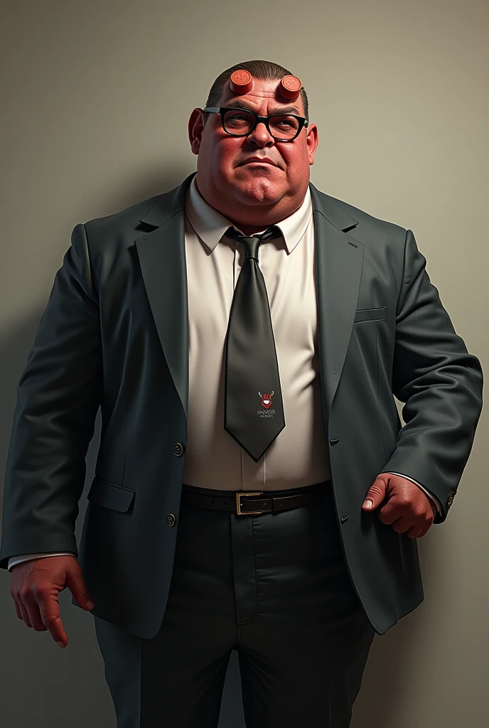 Hell boy with intellectual disability, fat and ugly in formal wear without a horn with glasses