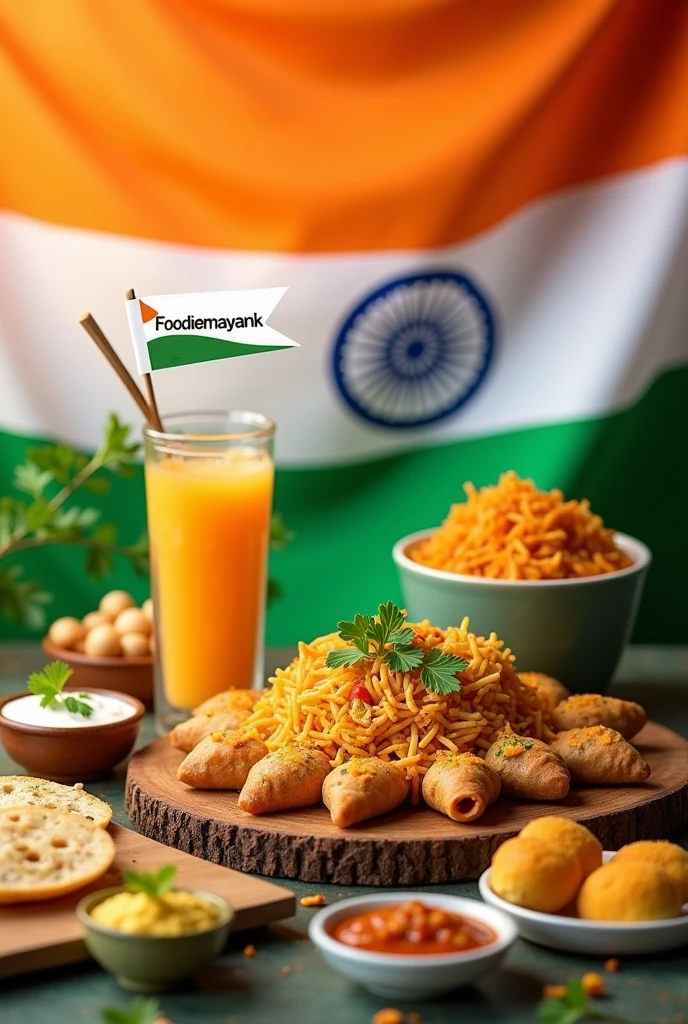 Here's a prompt you can use to generate an image that blends India's Independence Day theme with va
"A vibrant and festive scene celebrating India's Independence Day. The background should feature elements of the Indian flag, with saffron, white, and green colors creatively integrated. Surround this with traditional Indian foods like samosas, biryani, dosas, and sweets, all arranged artistically. The foods should blend into the flag design, symbolizing the richness of Indian culture. In the foreground, include the Instagram handle 'Foodiemayank' in a stylish, festive font, displayed on a banner or flag that complements the overall theme. The image should evoke a sense of cultural pride and celebration."