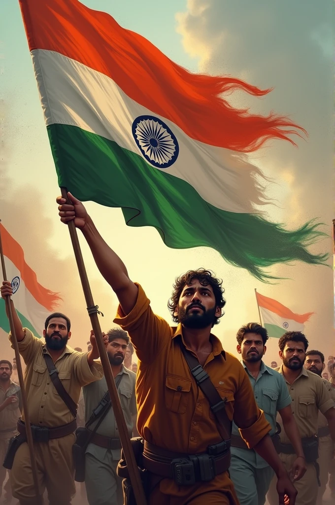 Freedom fighters carrying Indian flag in hands without gandhi