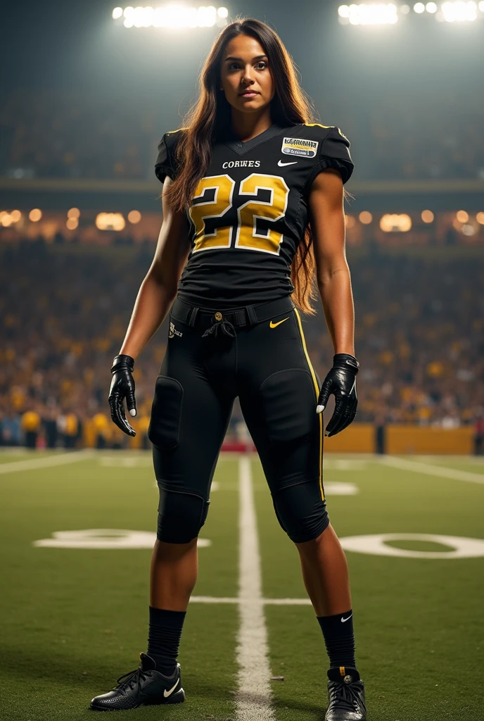 A photo of Emma Hughes, a quarterback for the female UCF Knights football team. Number 22. Very tall, very busty, very long black hair, white skin. Full body photo 