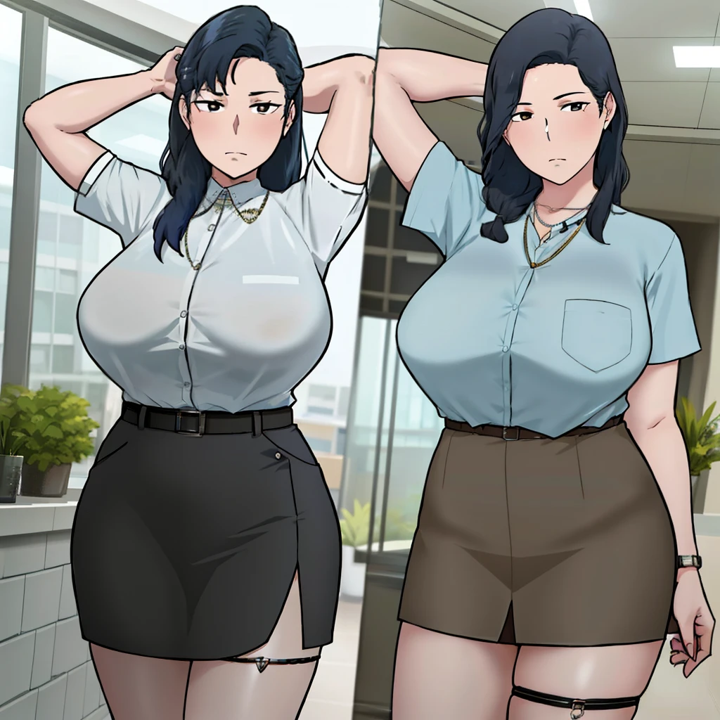 NTRman, masterpiece, best quality, 1girl, alternate costume, arms behind head, arms up, black skirt, blue hair, breasts, brown eyes, buttons, closed mouth, collared shirt, contemporary, cowboy shot, dress shirt, expressionless, hair over shoulder, hairband, high-waist skirt, large breasts, long hair, looking at viewer, necklace, office lady, pencil skirt, plant, potted plant, shirt, shirt tucked in, skindentation, skirt, solo, thigh strap, thighs, watch, white shirt, wristwatch