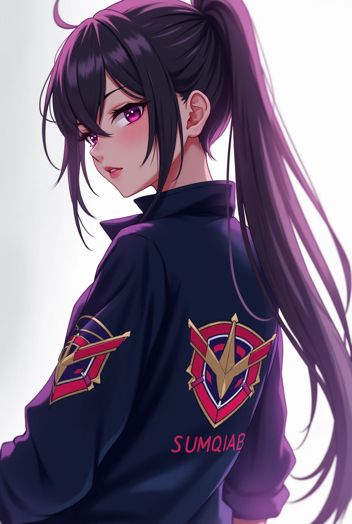 Anime Woman side head facing back wearing jacket with the logo of mobile legends bang bang with my last name SUMIQIAB