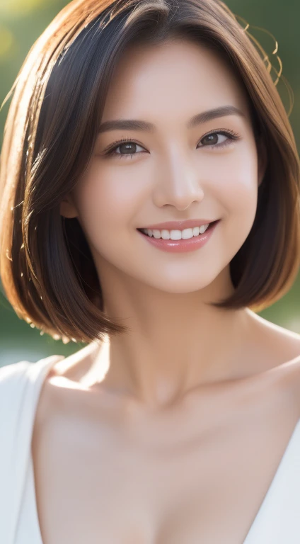 top-quality、top-quality、realisitic、Unity、8k wallpaper、Official art、Highly detailed CG Unity 8k wallpaper、Ultra-detail、hight resolution、Physically-based rendering、Ultra-detail,magnificent, finely detail,1girl in、(Medium Hair)、(Smile Face:1.1)、Slim Face、Pretty Lady、hyperdetailed face、Detailed eye、double eyelid、Kamimei、(glistning skin)、(sun-kissed skin)、(real looking skin)、Blurred background、(From navel to head)、frontage、Slim Face、Morning park、profetional lighting、(Light on the Face:1.5)、best light,chest stands out、Beautiful navel