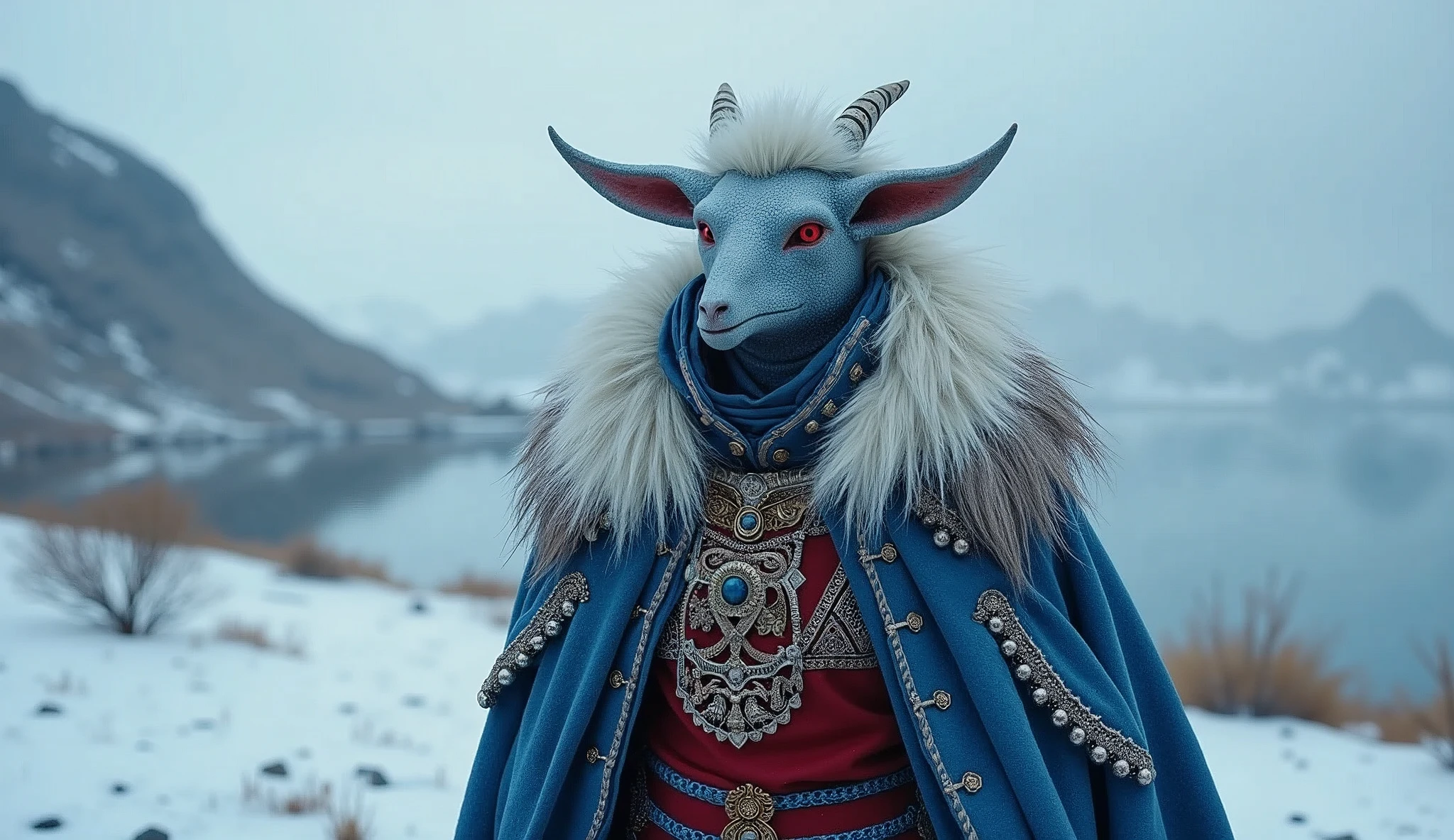 Iceland as a nordic League of Legend creature in ultramarine blue, white and red colors. Intricated clothing. Cinematic Fantasy sci-fi landscape background