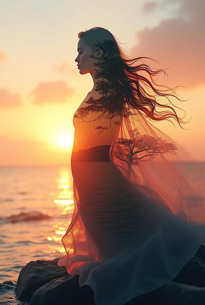 high quality, 8K Ultra HD, A beautiful double exposure that combines an goddess silhouette with sunset coast, sunset coast should serve as the underlying backdrop, with its details incorporated into the goddess , crisp lines, The background is monochrome, sharp focus, double exposure, by yukisakura, awesome full color,