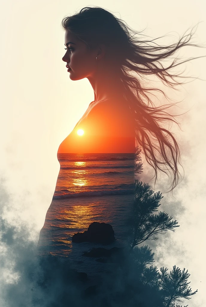 high quality, 8K Ultra HD, A beautiful double exposure that combines an goddess silhouette with sunset coast, sunset coast should serve as the underlying backdrop, with its details incorporated into the goddess , crisp lines, The background is monochrome, sharp focus, double exposure, by yukisakura, awesome full color,