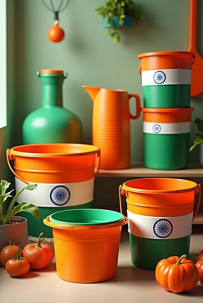 (photorealism:1.2) A colourful plastic items such as good quality buckets, mug, tubs and many plastic items representing the flag colour of India in the background with a realistic photo