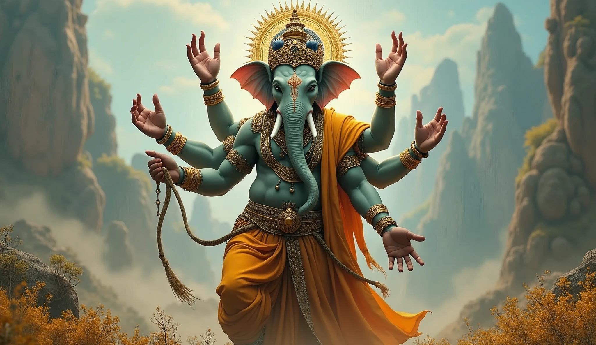 India as a hinduist League of Legend Elephant Godess, six arms creature in saffron, white, green and navy blue. Intricated clothing. Cinematic Fantasy sci-fi landscape background