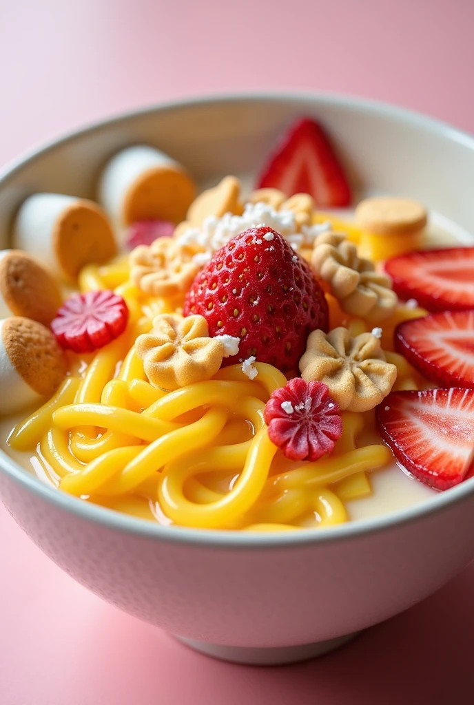 And bol con fideos de gelatina de mango, servido en And caldo de leche de coco con sirope de fresa. Toppings may include strawberry slices, Narutomaki shaped cookies, And "egg" de malvavisco y Anda decoración con hojuelas de coco tostado