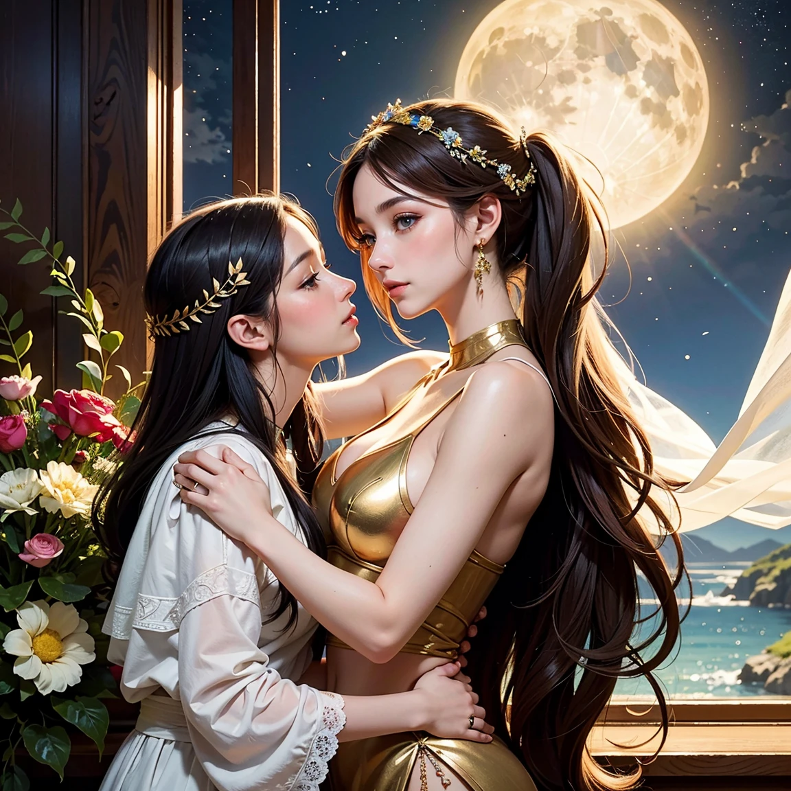 (masterpiece, best quality:1.5), two women is deeply in love with each other, kiss, romantic atmosphere, flower and moon, magnificent panorama view