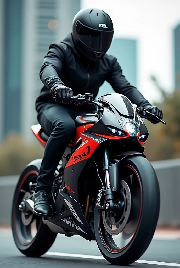 (photorealism:1.2), a bike A good bike should be written below biker___02 The color of the bike should be like ninjaH2, it should have a helmet on it, the whole of roding bagrund