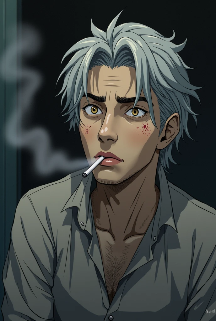 A guy smoking a cigarette with white skin and medium-short gray hair, a bitter expression with small eyebrows, A singer from the band Tokio Hotel wearing a shirt, looking tired with honey-colored eyes, with small wounds on his face, anime