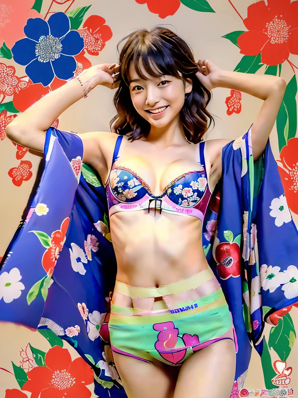 A 20-year-old woman with a cute face like a top Japanese idol、She is a yukata fashion model.、looks young、very friendly、Smiling Kindly、(kimono、yukata)、(((Colorful floral pattern(丈が短いkimono)))、(((kimonoめくり(kimonoの裾を上げる)))、(((Beautiful thighs(Sexy panties are in sight)))、Artistic、Highest quality、masterpiece