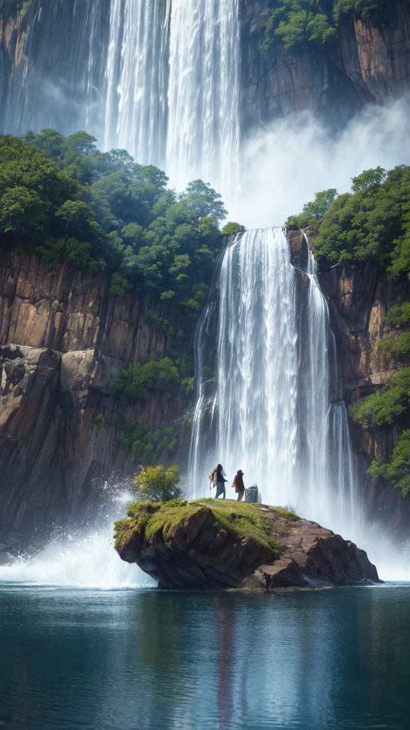 a ((Low angle shot: 1.5)), From beneath an epic waterfall, There is a majestic waterfall flowing from a majestic cliff., ((Standing very close to the waterfall)) The water really fell., Rainbow reflected on the water, Energetic, 超high resolution, High contrast, (masterpiece:1.5), best quality, Best aesthetics), The finest details, best quality, high resolution, 16K, (Extremely detailed: 1.5), masterpiece, best quality, (Extremely detailed) Raw, (Ultra Detailed, masterpiece, best quality), Money basket art style, ral-czmcrnbw