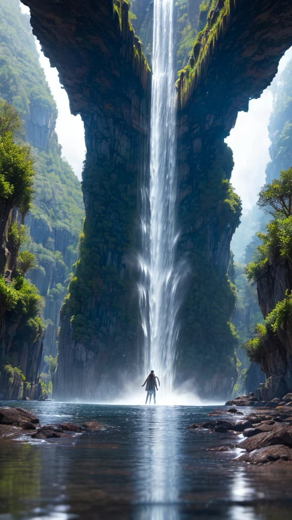 a ((Low angle shot: 1.5)), From beneath an epic waterfall, There is a majestic waterfall flowing from a majestic cliff., ((Standing very close to the waterfall)) The water really fell., Rainbow reflected on the water, Energetic, 超high resolution, High contrast, (masterpiece:1.5), best quality, Best aesthetics), The finest details, best quality, high resolution, 16K, (Extremely detailed: 1.5), masterpiece, best quality, (Extremely detailed) Raw, (Ultra Detailed, masterpiece, best quality), Money basket art style, ral-czmcrnbw