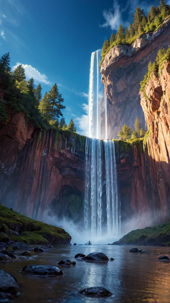 a ((Low angle shot: 1.5)), From beneath an epic waterfall, There is a majestic waterfall flowing from a majestic cliff., ((Standing very close to the waterfall)) The water really fell., Rainbow reflected on the water, Energetic, 超high resolution, High contrast, (masterpiece:1.5), best quality, Best aesthetics), The finest details, best quality, high resolution, 16K, (Extremely detailed: 1.5), masterpiece, best quality, (Extremely detailed) Raw, (Ultra Detailed, masterpiece, best quality), Money basket art style, ral-czmcrnbw