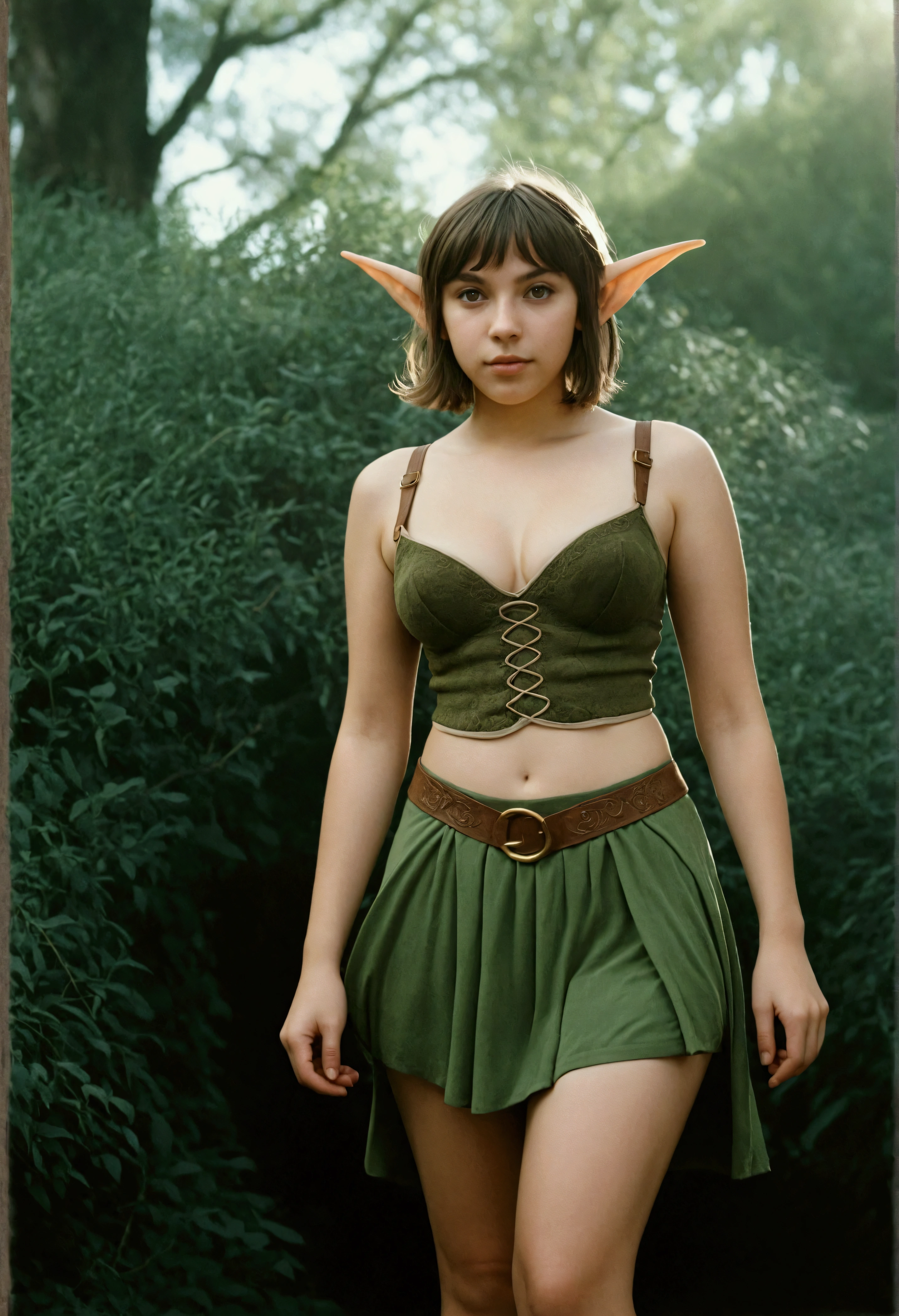analog film photo, photo of a young elven girl, 18 years old, elf ears, hazel eyes, shaggy brunette bob cut, olive complexion, tall stature, voluptuous hourglass figure, busty bosom, full hips, plump round buttocks, wearing a bralette and an asymmetrical mini-skirt, strolling through a fantasy landscape, RAW Photograph, dslr, soft lighting, high quality, film grain, Fujifilm XT3, detailed skin with visible pores, insane details, masterpiece, 8k, 35mm photograph, dslr, kodachrome, faded film, desaturated, grainy, vintage, Lomography, stained, highly detailed, found footage, close-up shot, elven ears