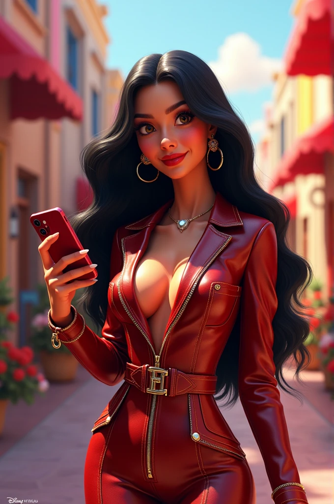 Believe 3d poster Disney Pixar style capturing a scene of a woman, Long black hair with iPhone 13 wearing La Mafia Rosa label clothing 