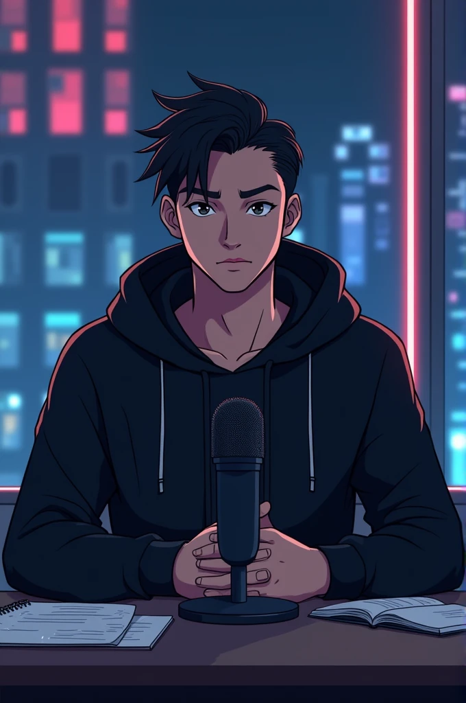 Create an anime-friendly looking male business character who appears handsome and smart. He has a good face  and a black hoodie. The character is sitting behind his laptop in his office, with his arms on the desk. It is night, and the room features volumetric neon lighting. The character is front-facing to the camera, looking straight and centered. This is a central portrait with an audio microphone on the desk near his mouth. The character's face should occupy about 1/3 of the image size. He is sitting straight, front view, and centered, looking straight ahead. The overall ambiance of the image should convey a connection to minimalism, with flat illustration, bold lines, simplification, and a gouache illustration style. The image should be in 8K resolution.