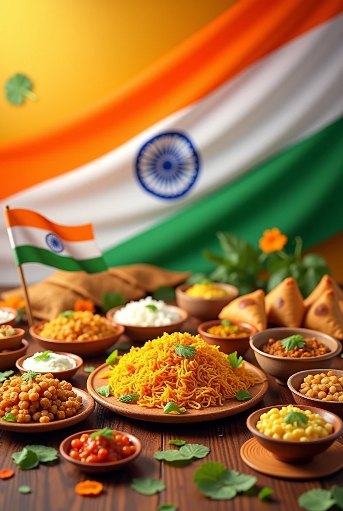 Here's a prompt you can use to generate an image that blends India's Independence Day theme with va
"A vibrant and festive scene celebrating India's Independence Day. The background should feature elements of the Indian flag, with saffron, white, and green colors creatively integrated. Surround this with traditional Indian foods like samosas, biryani, dosas, and sweets, all arranged artistically. The foods should blend into the flag design, symbolizing the richness of Indian culture. In the foreground, include the Instagram handle 'Foodiemayank' in a stylish, festive font, displayed on a banner or flag that complements the overall theme. The image should evoke a sense of cultural pride and celebration."