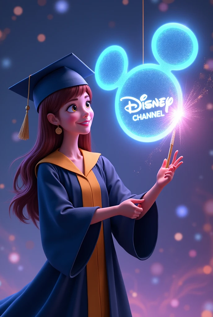 Create an image of a female graduate making the Disney Channel logo with a wand, like in the intro of this channel in 2010, and saying "We are promo 66 and you are watching our senior year"