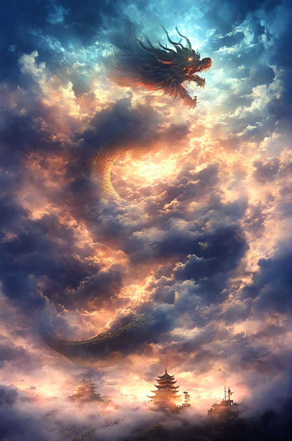 (cloud, fog, Mysteriously glowing, Oriental dragon shape), fly in the sky, Fantasy art, 巨大なドラゴンのfog, (night:1.4)