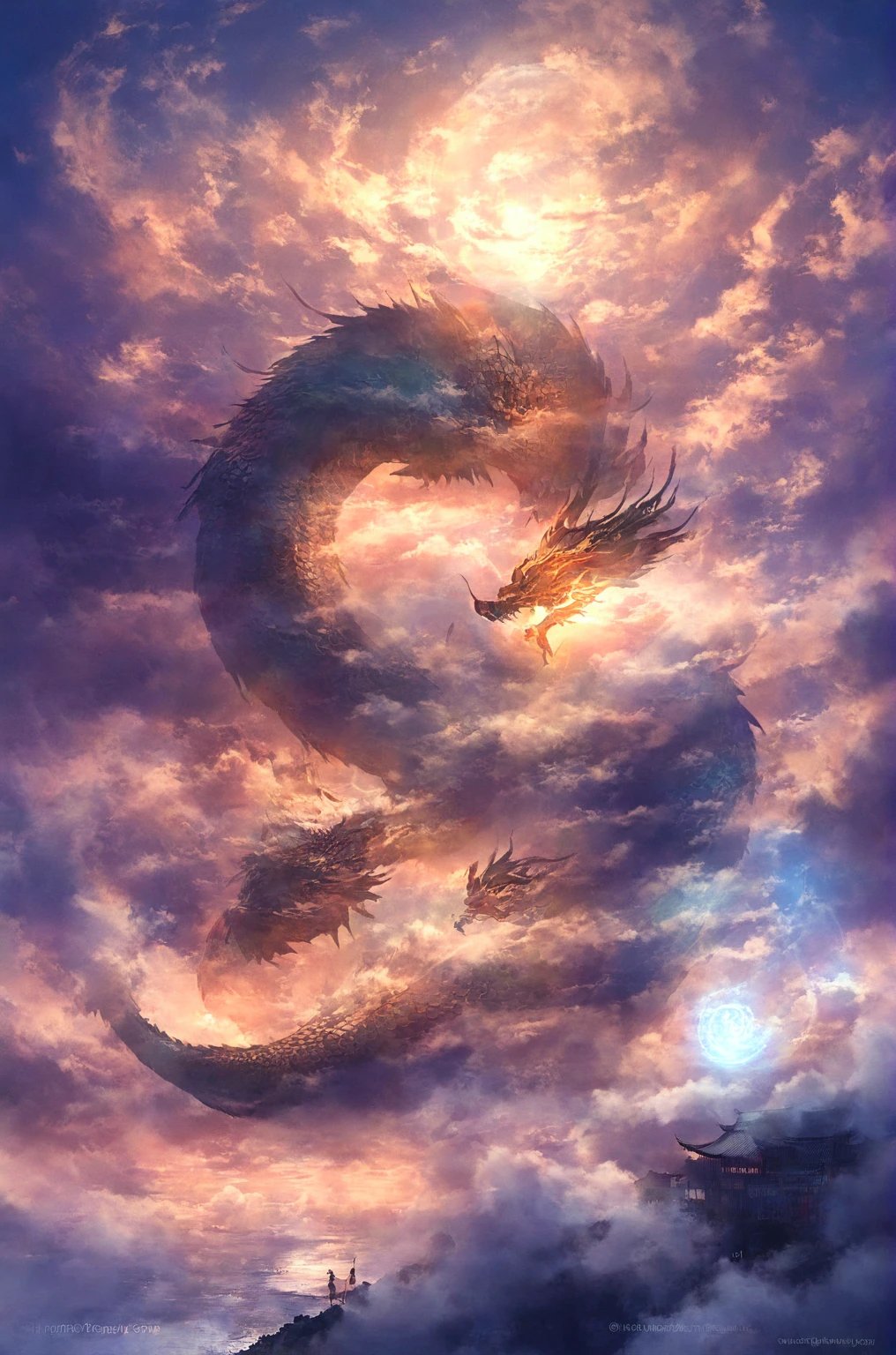 (cloud, fog, Mysteriously glowing, Oriental dragon shape), fly in the sky,  Fantasy art, 巨大なドラゴンのfog, (night:1.4)