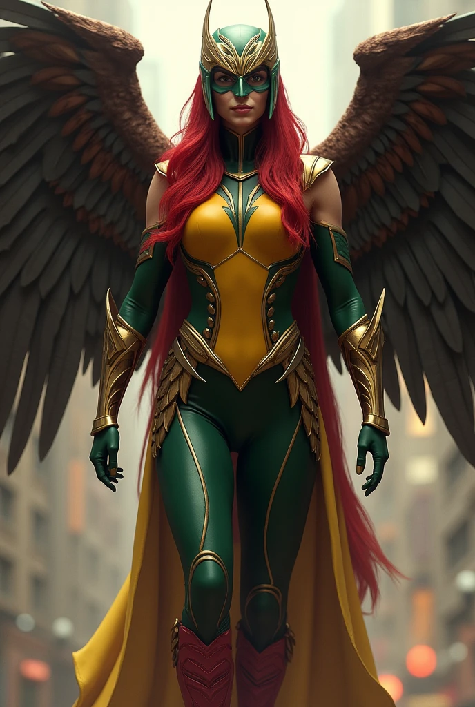 Adriana Lima under the mantle of the Thanagarian warrior Shayera Holl aka Hawkgirl long red hair wears a beaked hawk head helmet on her head covering half of her face , With her large bird wings protruding from her back and a yellow vest with green pants and red and gold boots, Justice League DC Universe