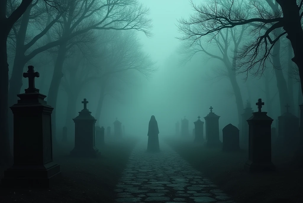 mysterious fog, covering an ancient cemetary surrounded by dying forest, a ghostly figure can be seen in the distance