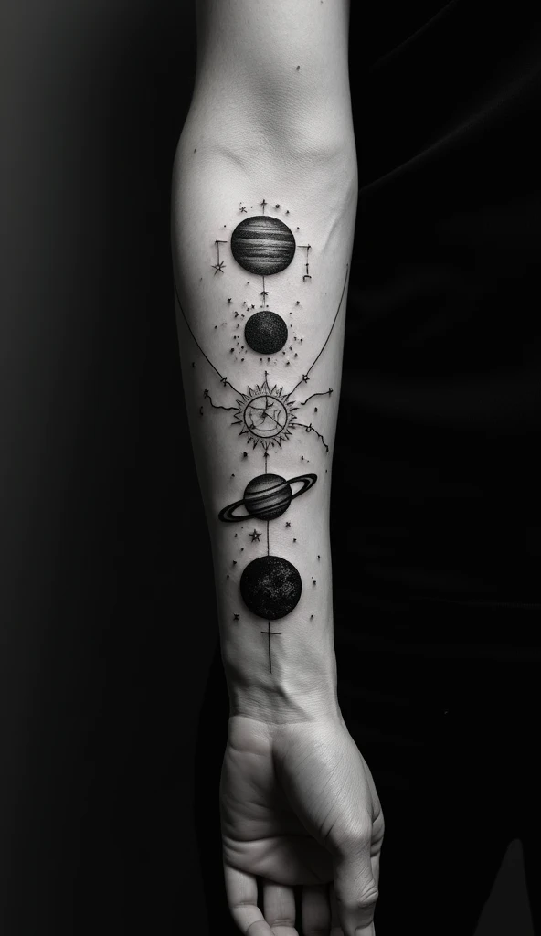 photo noir et blanc, Une représentation en noir et blanc de Jupiter et Saturne et la constellation d’Orion et le soleil et la lune tatouée sur l’avant-bras , very finely tattooed, very accurate,