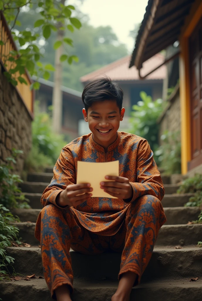 a young malay man smiling while looking at a love letter, sitting on stairs in a Malaysian village, 1990s era, detailed facial features, intricate clothing, cinematic lighting, vibrant colors, photorealistic, highly detailed, 4k, best quality, masterpiece