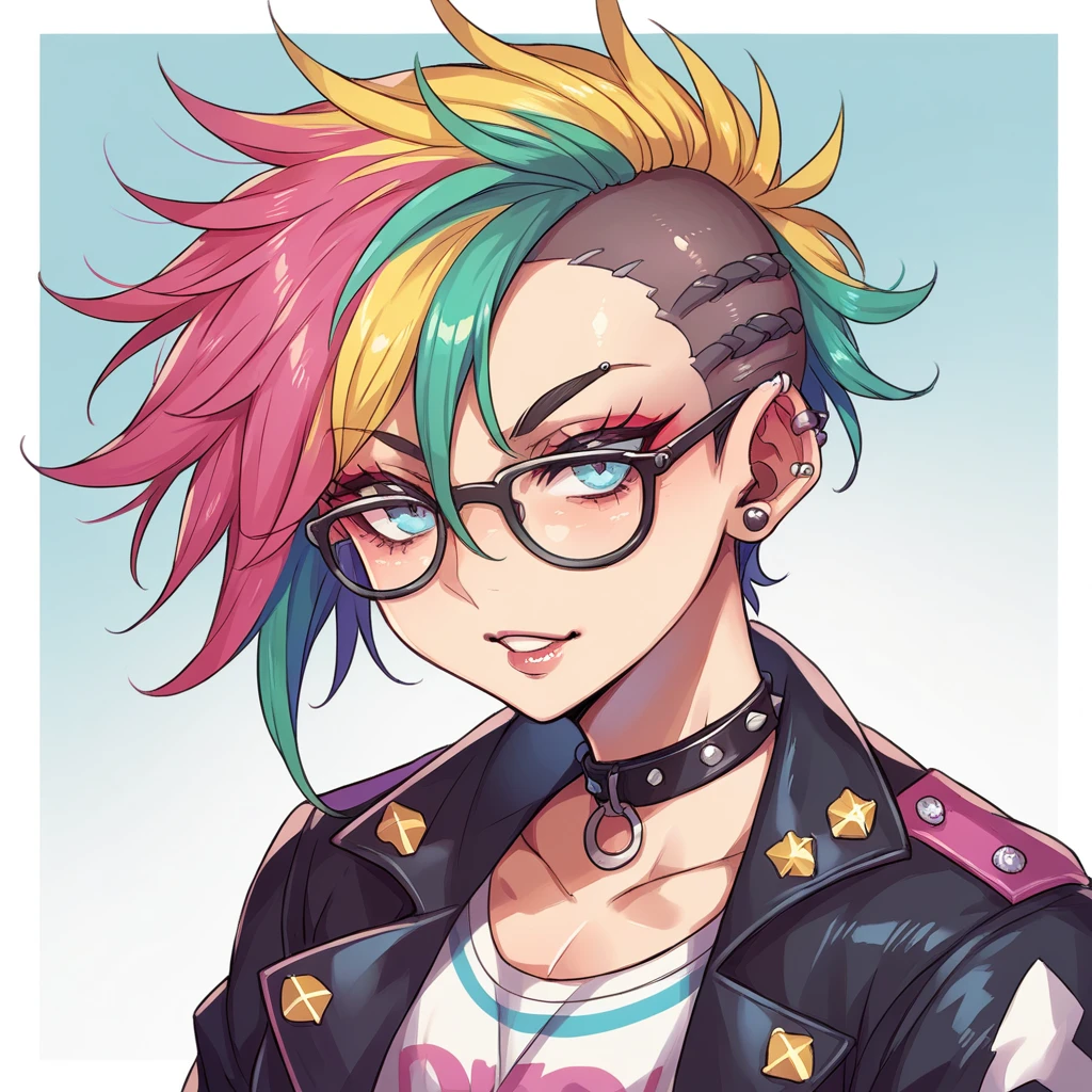 Punk girl, short, colorful hair, wears black glasses and brightly colored clothes.