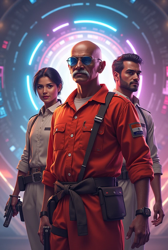Create a poster featuring Indian Freedom Fighters as characters in a video game. Illustrate key figures like Mahatma Gandhi, Jawaharlal Nehru, and Subhas Chandra Bose in dynamic, game-like outfits and poses. Incorporate vibrant colors and futuristic elements to reflect a game setting. The design should be eye-catching and convey the energy of a gaming world while honoring the historical significance of these figures.”