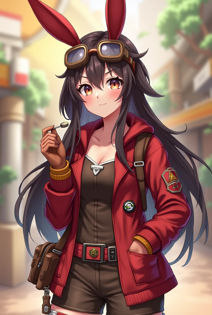 https://genshin-impact.fandom.com/wiki/Amber She have a dark brown hair and wears a red bow that is shaped like a bunny ears, brown pilot goggles, two small bags with leather belts, a red and brown glove, a Pyro sigil emblazoned on the red and orange ribbon, red jacket with long sleeves, a dark brown jumper outfit, and red stock on the white boots has symbols on it. She have a lesbian pin on her jacket. She syly smiles blushing. She have long dark brown hair! Lesbian pin on jacket. She have chocolate pocky stick in mouth.