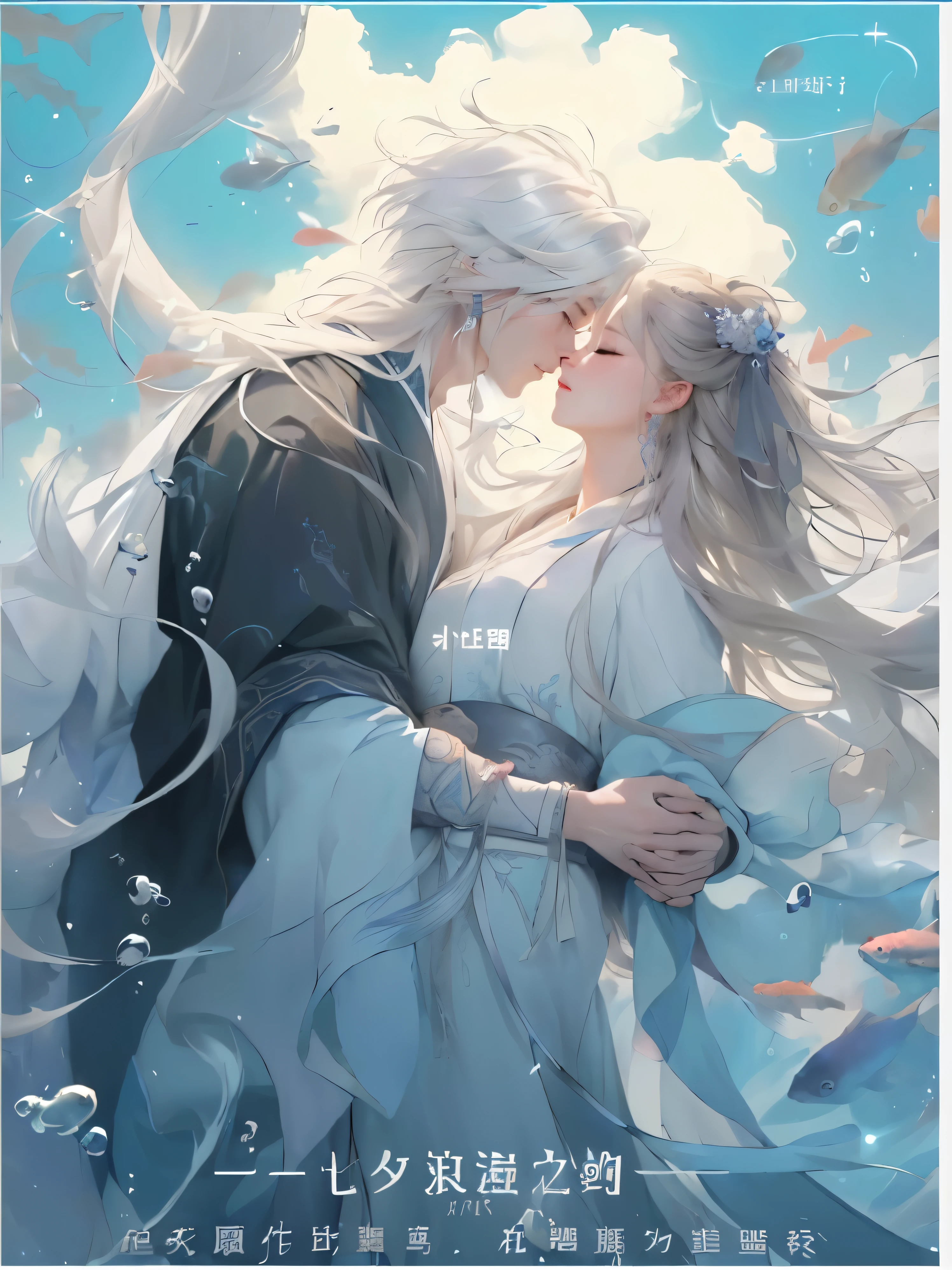 A couple kisses in front of the blue sky and fish., Kiss cutely, has long white hair, author：Yang J, has long white hair, author：Ye Xin, Gu Weiss, WLOP 和 Sakimichan, flowing white robe, author Zeng Jing, Yu Zhiding, Ethereal Anime, Beautiful fantasy anime