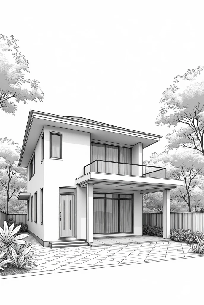 House, Malaysia, Detached, Narrow entrance exterior, Correct perspective, line-drawing, outlines, Medium omission, unmanned, grayscales