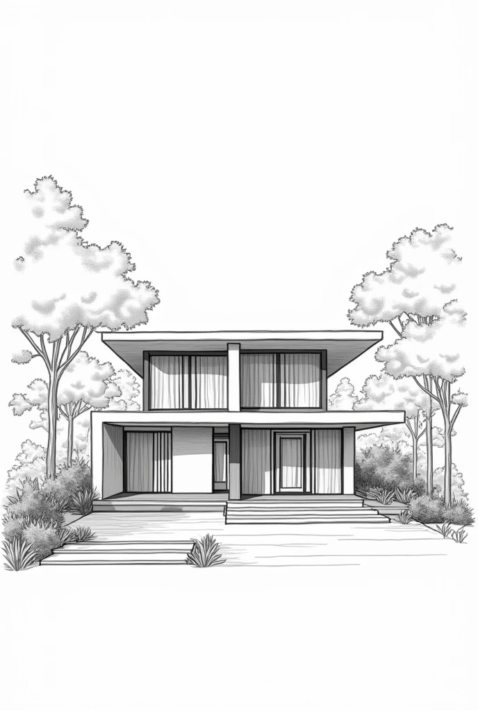 House, Malaysia, Detached, Narrow entrance exterior, Correct perspective, line-drawing, outlines, Medium omission, unmanned, grayscales