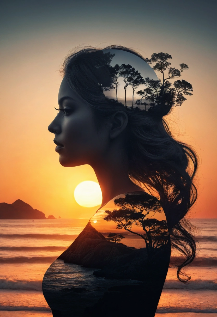 high quality, 8K Ultra HD, A beautiful double exposure that combines an goddess silhouette with sunset coast, sunset coast should serve as the underlying backdrop, with its details incorporated into the goddess , crisp lines, The background is monochrome, sharp focus, double exposure, by yukisakura, awesome full color,