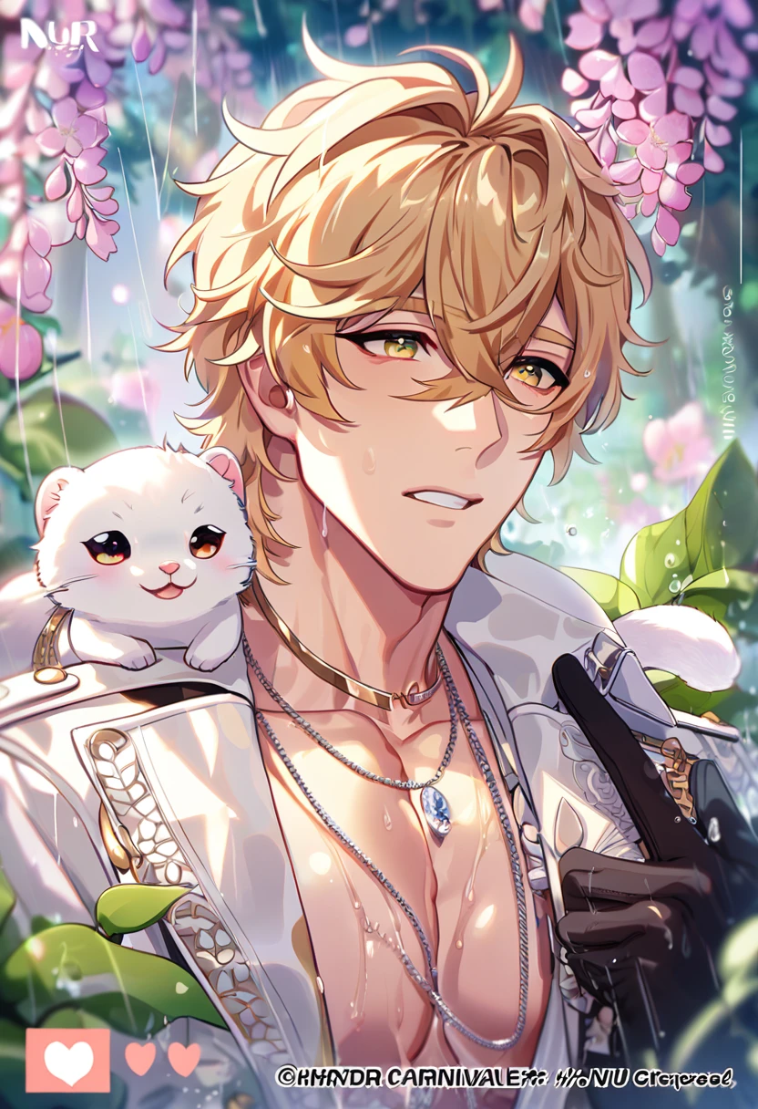 absurdres, highres, ultra detailed, HDR, master piece, best quality, extremely detailed, detailed eyes, Quincy, blonde hair, messy hair, hair between the eyes, expressive amber eyes, Nu Carnival, solo, sexy man, handsome, horny, lewd, transparent white trench coat with accessories, white shirt, showing the chest, necklace, black gloves, spring, flowers, green leaves, magical forest, fantasy, rain, cute small fluffy white ferret on his shoulder