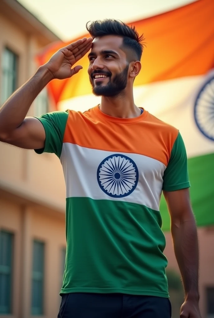 Name Dipak writen on Indian flag tri colour t-shirt, a handsome man salute on Indian flag in school at 15 August 
