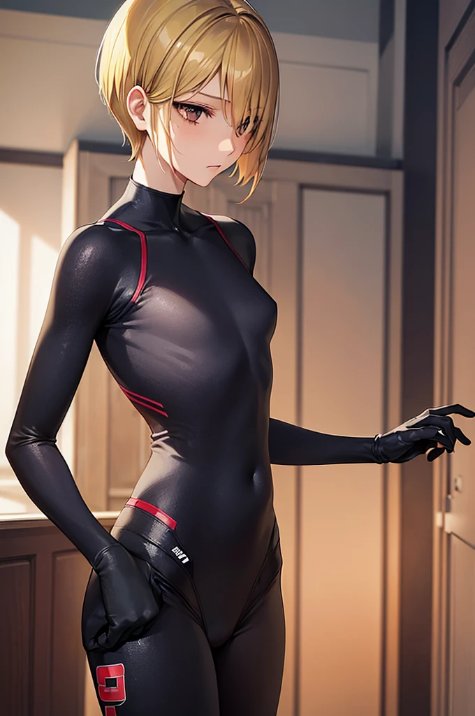 masterpiece, best quality,anime style, 1 girl,(((slender body))), (((small eyes,small breast))),(((athlete suit))), (beautiful face), (((short hair))), (((straight hair))), ((((blonde hair)))),detailed beautiful skin, (perfect hands, perfect anatomy),scream