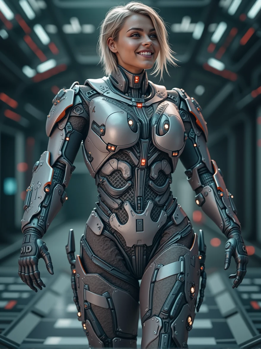 A cinematic photo shoot of gorgeous female military veterans soldier cyborg feels recharge with her beautiful cybernetic limbs, positive happy face emotion, happy smile, volumetric light, insanely detailed and intricate, octane render, unreal engine, hyper realistic photo, high definition, 32 K, Nat Geo photography style, ultra hd, realistic, vivid colors, highly detailed, UHD drawing, pen and ink, perfect composition, beautiful detailed intricate insanely detailed octane render trending on artstation, 8k artistic photography, photorealistic concept art, soft natural volumetric cinematic perfect light