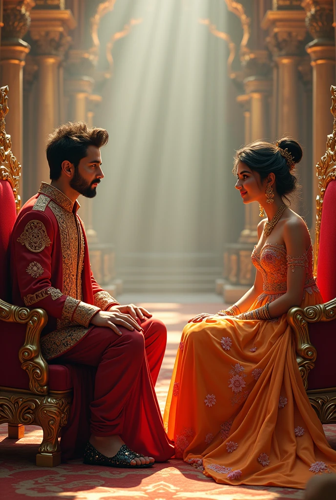 Ek image banao jisme ek ladka ladki dono ek king aur queen jaise alag alag singhasan par baithe ho aur dono rangbiranga kapde pahna ho aur larka ke kapde par Vicky likha ho aur ladki ke kapade par Khushbu likha ho
