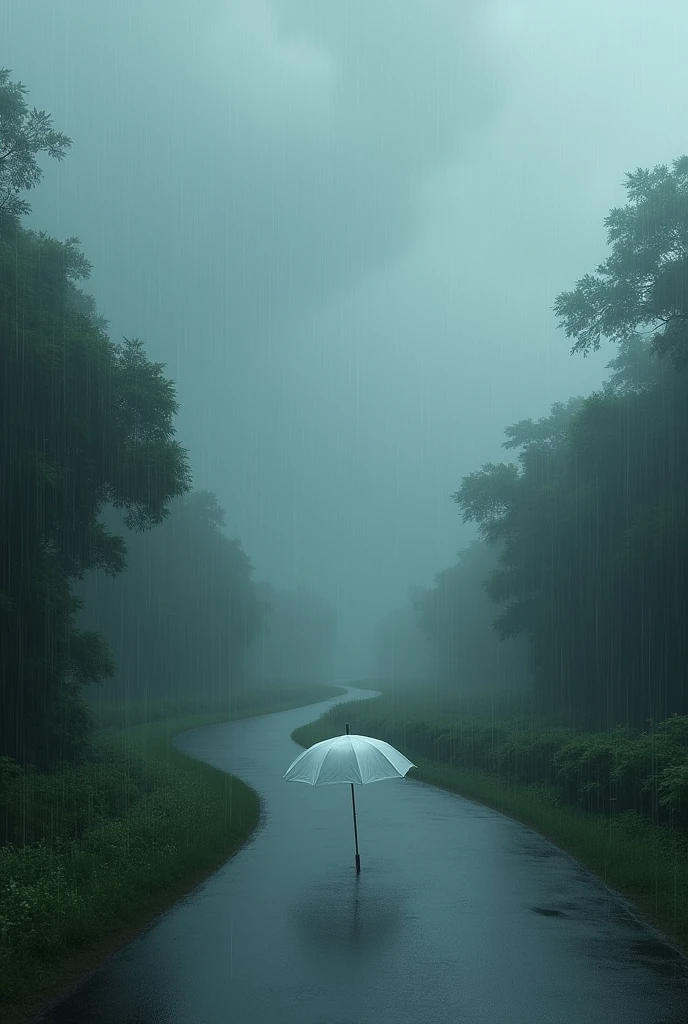 Rainy cloudy sky.White umbrella in road.. without human