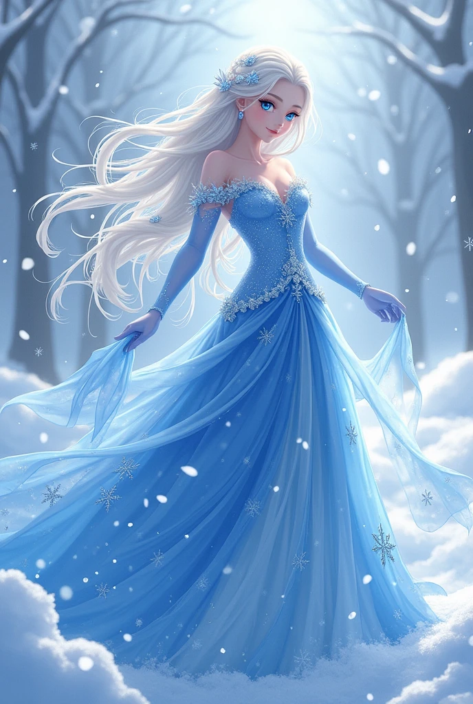 Anime Snow queen with snow on her surface her white hair is fluttering in air she is wearing a blue sexy dress she is enjoying the snow her blue eyes is full of surprises that's hidden on her heart.