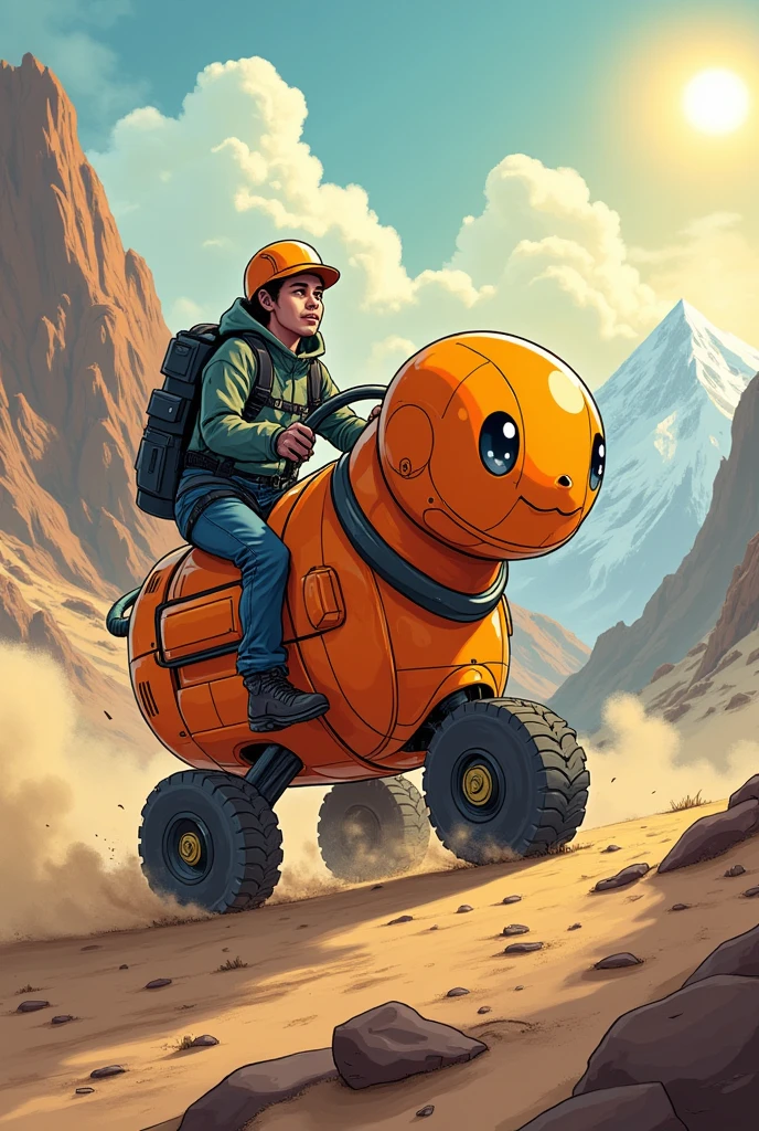 A cartoon of a MOTORIZED MINIUM WITH A MOUNTAIN CLIMBER AND BLACK SLEEVES ON A SUNNY DAY WITH A LOT OF DUST AND WIND