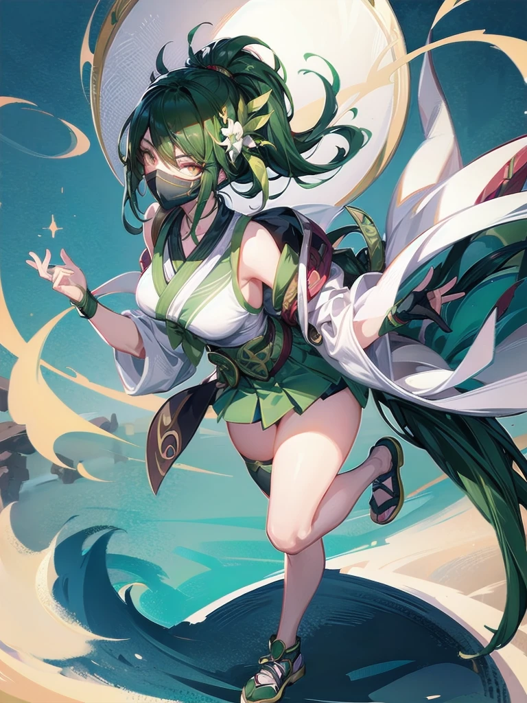 1 plump girl, Full body standing painting, solo, Ninja clothes, Gorgeous white dress, akali, akali League of Legends, akali mask, (Masked one:1.2),